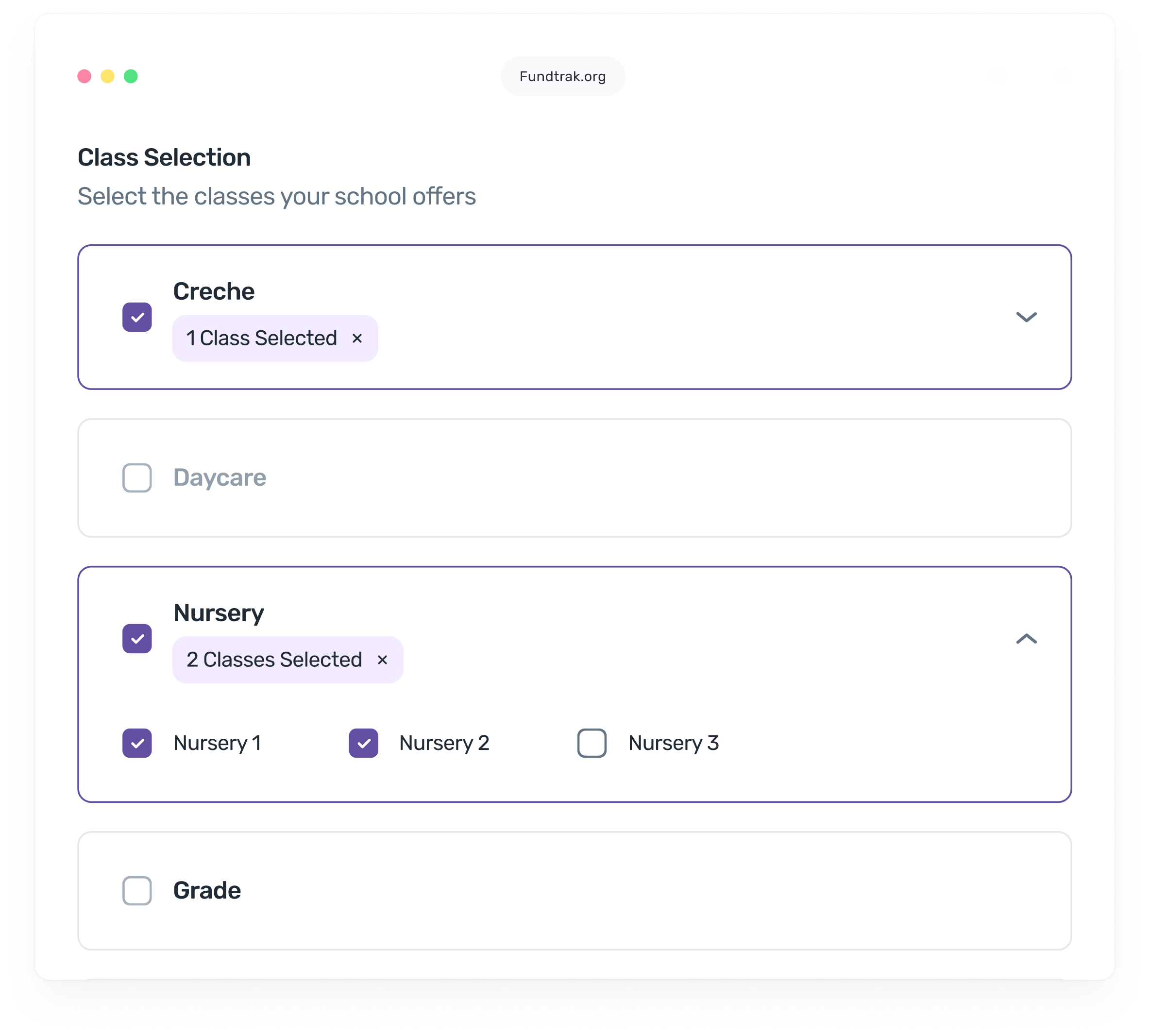FundTrak school setup showing class structure and student import