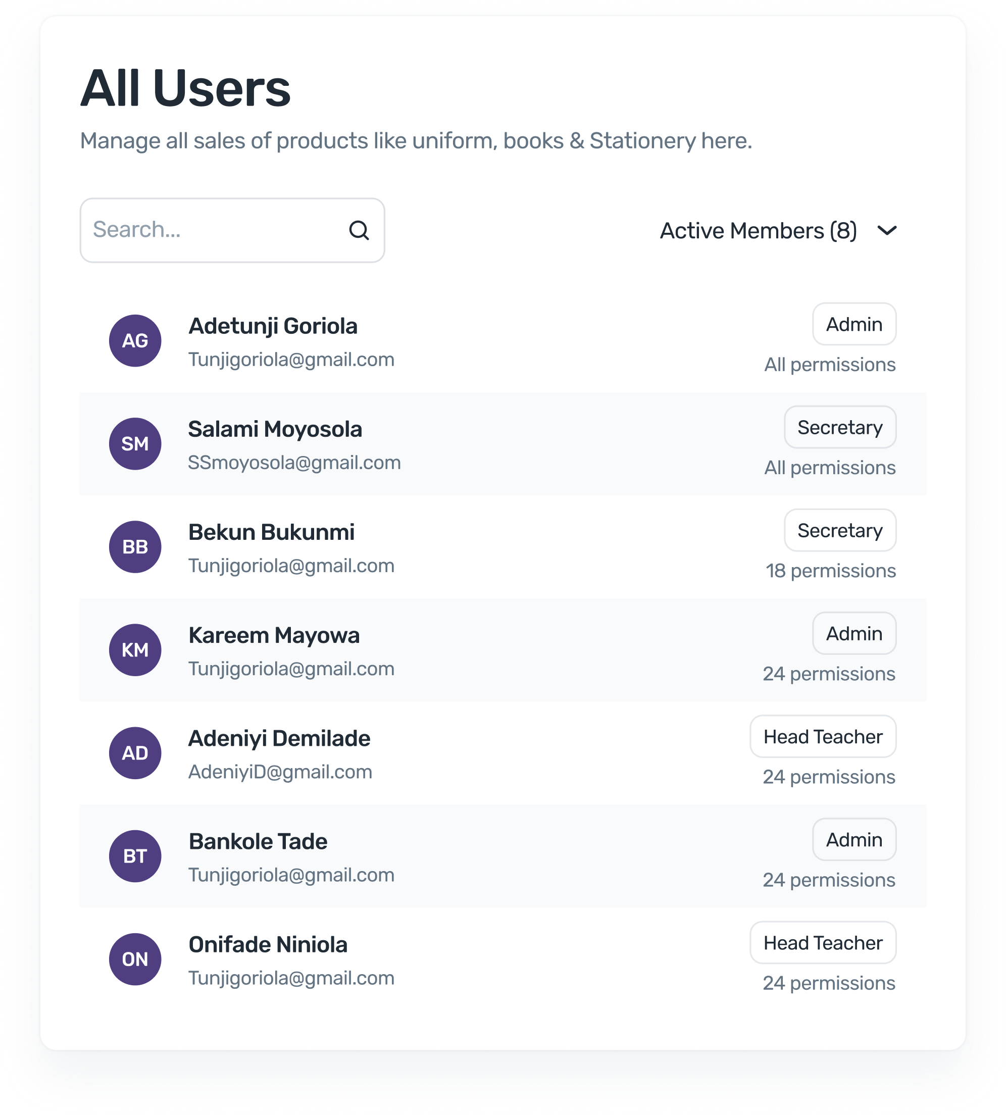 FundTrak granular permissions showing resource-level access control with view, create, update, delete toggles